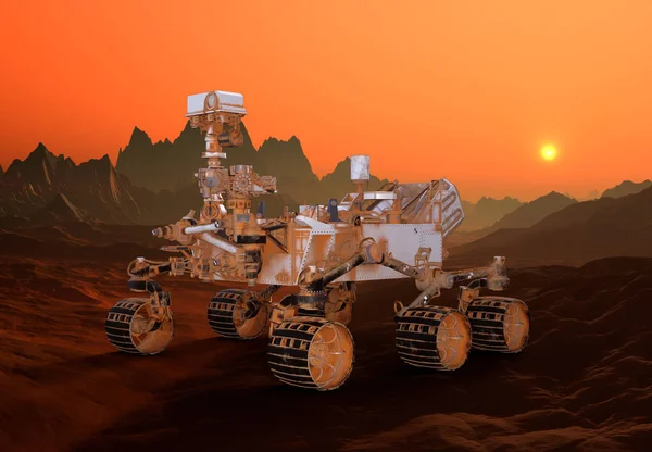 Rendering Van Fantasy Rover Rode Woestijn Bergen Buitenaards Landschap Illustratie — Stockfoto
