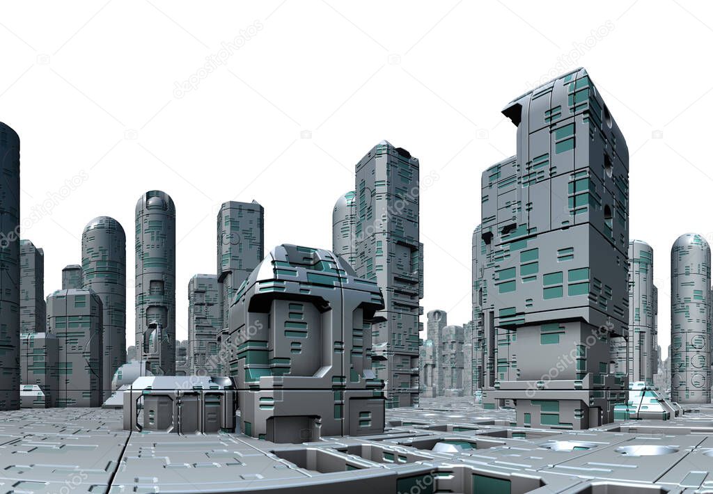 3D Rendered Futuristic City on White Background - 3D Illustration