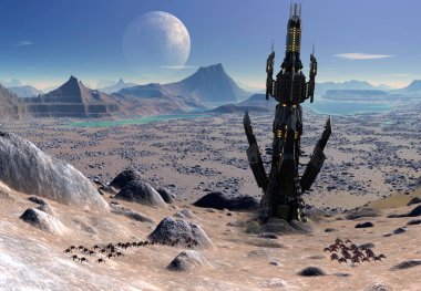 İniş yapan uzay gemisiyle 3 boyutlu Fantezi Uzaylı Manzarası