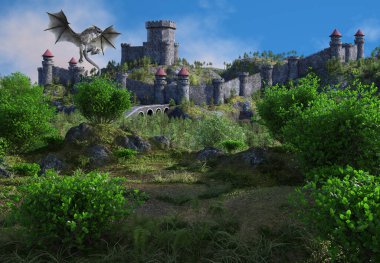 Ejderha ve Kale ile 3D Hazırlanmış Fantezi Manzarası - 3D Görüntü