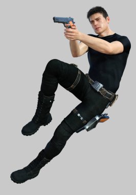 3 Boyutlu Dövüş Sanatında Siyah Takım Elbise ve Silah Giyen Genç Adam - 3D Görüntü