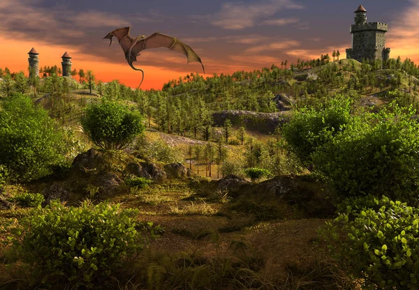 3D Rendered Fantasy Landscape with Dragon and Castle - 3D Illustration