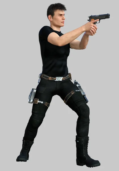 穿黑色西装和武器战斗中的3D渲染年轻人 3D插图 — 图库照片