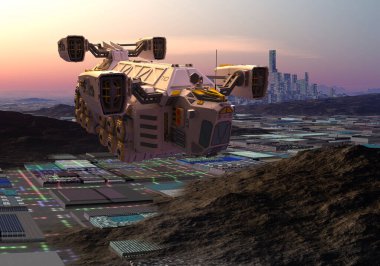 Yabancı Şehrin Üzerinde Uçan Geleceğin Taşımacılık Gemisinin 3 Boyutlu Hazırlanması - 3D İllüstrasyon