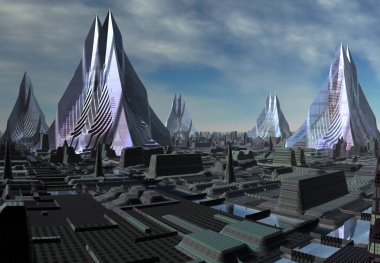 3D Yapılandırılmış Gelecekçi Uzaylı Şehri - 3D İllüstrasyon
