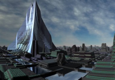3D Yapılandırılmış Gelecekçi Uzaylı Şehri - 3D İllüstrasyon