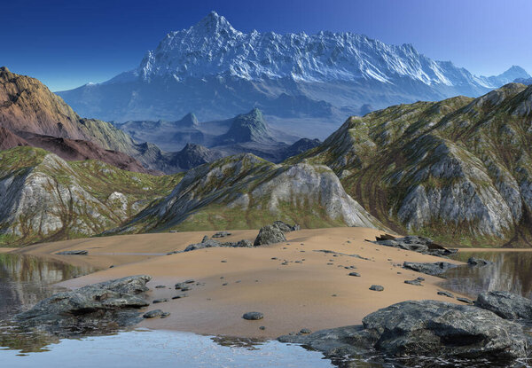 Rendered Fantasy Mountain Landscape Illustration Stock Picture