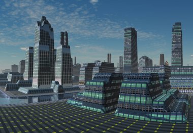 3D Yapılandırılmış Gelecekçi Uzaylı Şehri - 3D İllüstrasyon