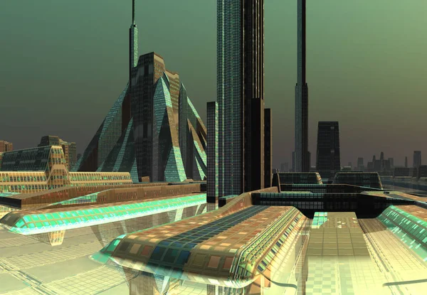 Cidade Alienígena Futurista Renderizada Ilustração — Fotografia de Stock