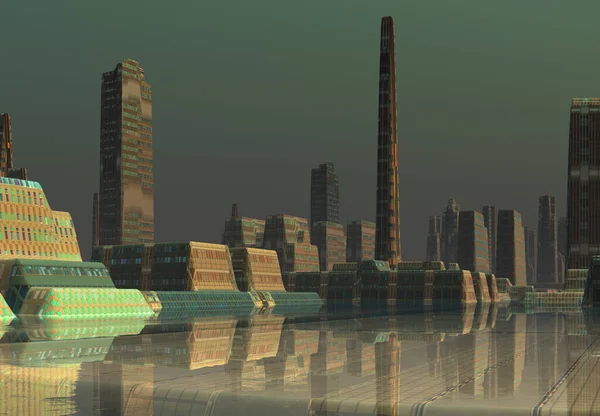 Rendered Futuristic Alien City Illustration Stock Picture