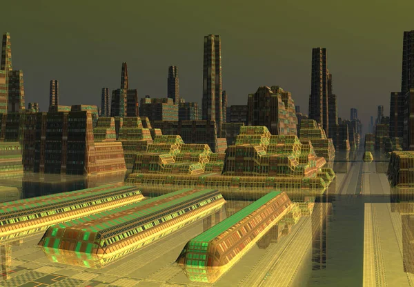 Ciudad Alienígena Futurista Representada Ilustración Imagen de archivo