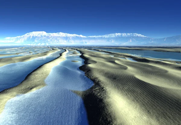 背景にある川と山を借景にした3Dレンダリングファンタジー風景 3Dイラスト — ストック写真
