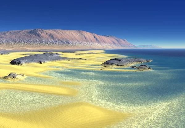 Rendered Fantasy Paesaggio Con Dune Fiume Montagne Sullo Sfondo Illustrazione — Foto Stock