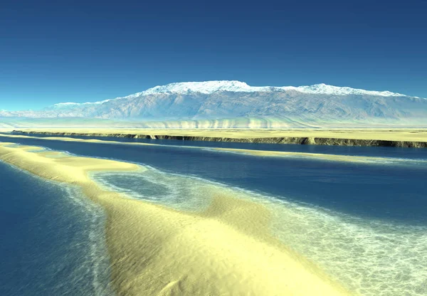 背景にある川と山を借景にした3Dレンダリングファンタジー風景 3Dイラスト ロイヤリティフリーのストック写真