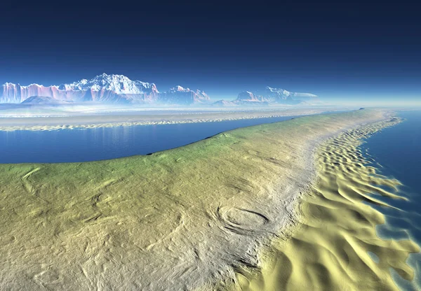 以沙丘 河流和山脉为背景的3D渲染幻想景观 3D图解 图库图片