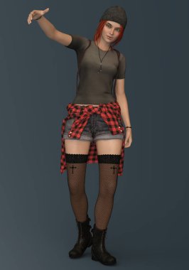 Hip hop pozlarında 3D resimli, okumuş genç bir kadın. 3 boyutlu resim.