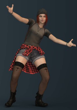 Hip hop pozlarında 3D resimli, okumuş genç bir kadın. 3 boyutlu resim.