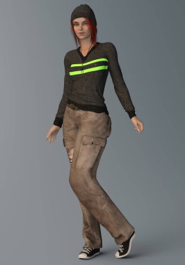 Hip hop pozlarında 3D resimli, okumuş genç bir kadın. 3 boyutlu resim.