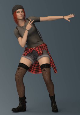 Hip hop pozlarında 3D resimli, okumuş genç bir kadın. 3 boyutlu resim.