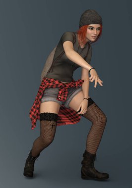 Hip hop pozlarında 3D resimli, okumuş genç bir kadın. 3 boyutlu resim.