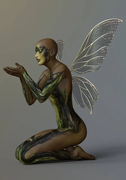 樹皮で作られた皮膚と3Dレンダリングファンタジー木製の妖精 3Dイラスト ロイヤリティフリーのストック写真