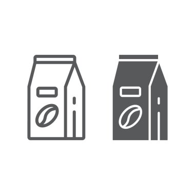 Kahve kağıt çanta satır ve karakter simgesi, kahve ve Cafe, kahve çekirdekleri paketi işareti vektör grafikleri, Doğrusal model beyaz bir arka planda eps 10.