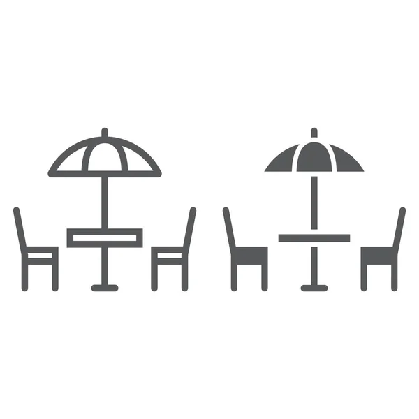 Garis kafe jalan dan ikon glif, meja dan kursi, payung tanda vektor grafik, pola linear pada latar belakang putih, eps 10 . - Stok Vektor