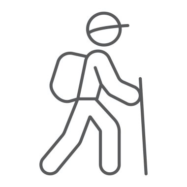 Hiking, ince çizgi simgesi, seyahat ve Turizm, turist backpacker işareti vektör grafikleri, Doğrusal model beyaz bir arka planda eps 10.