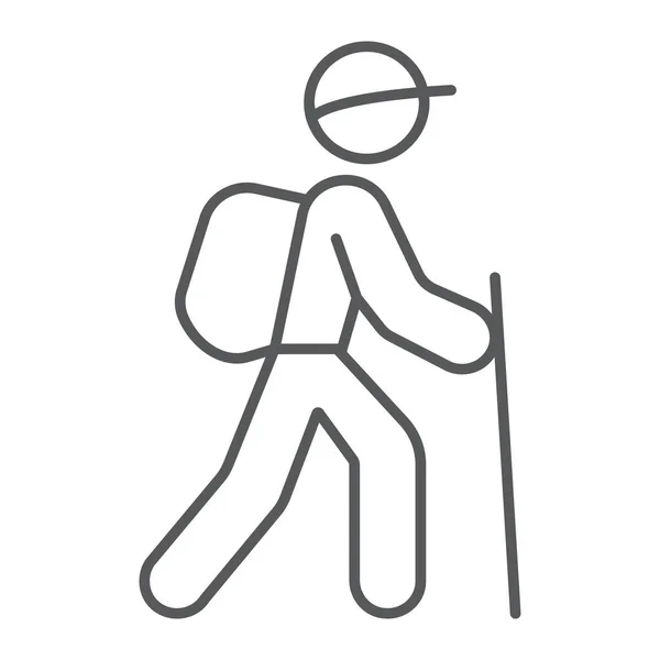 Hiking dunne lijn pictogram, reizen en toerisme, vector toeristische backpacker teken graphics, een lineair patroon op een witte achtergrond, eps 10. — Stockvector