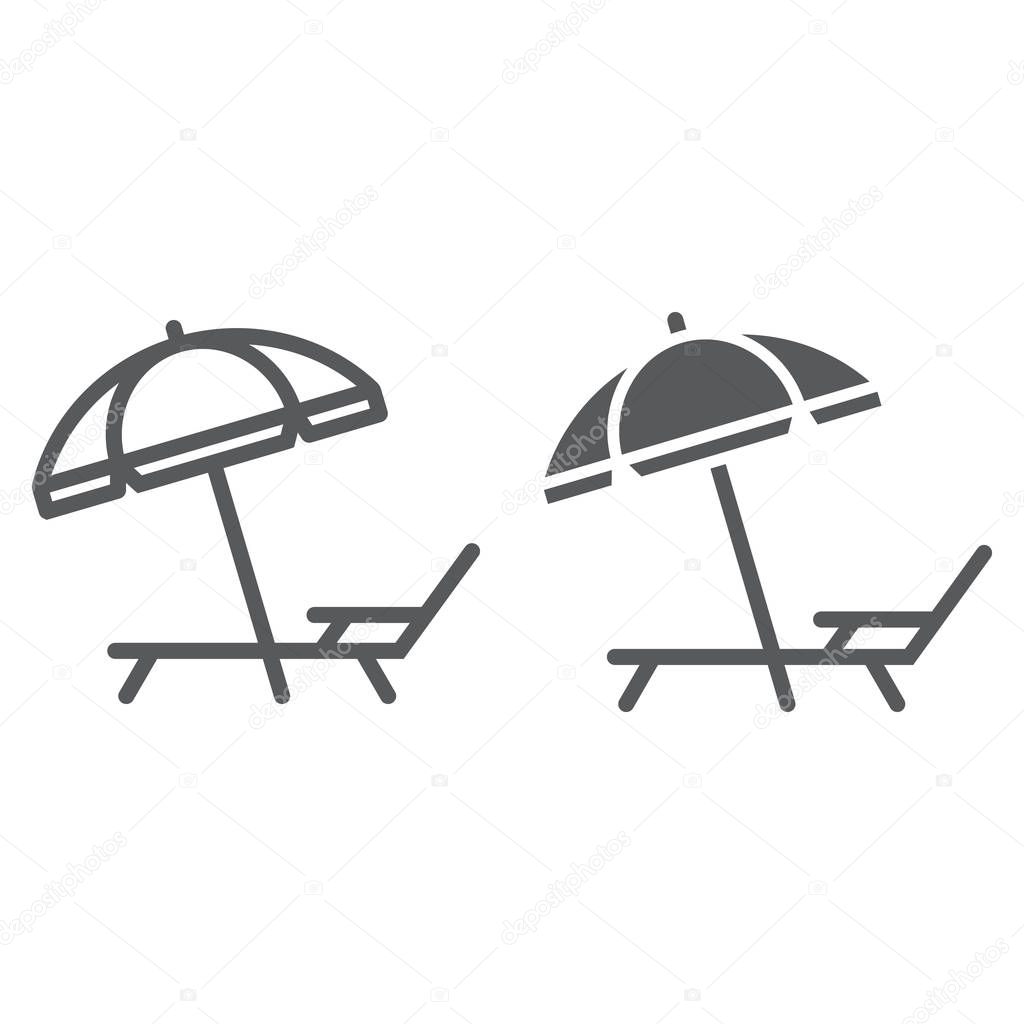 Umbrella and sun lounge line and glyph icon, travel and tourism, deck with sun umbrella sign vector graphics, a linear pattern on a white background, eps 10.