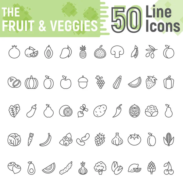 Fruit en groenten lijn pictogram set, vegetarische symbolen collectie, vector schetsen, logo illustraties, gezonde tekenen lineaire pictogrammen pakket geïsoleerd op een witte achtergrond, eps 10. — Stockvector