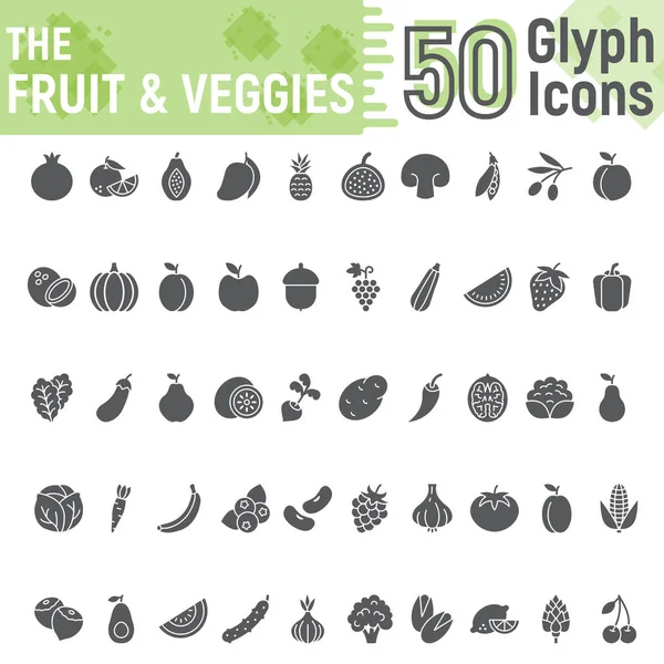 Groenten en fruit glyph pictogrammenset, vegetarische symbolen collectie, vector schetsen, logo illustraties, gezonde een solide pictogrammen pakket geïsoleerd op een witte achtergrond, eps 10. — Stockvector