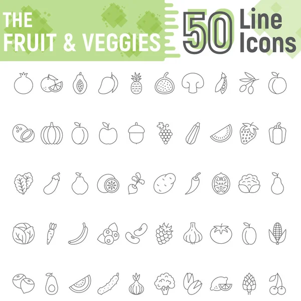 Obst und Gemüse Thin Line Icon Set, Sammlung vegetarischer Symbole, Vektorskizzen, Logoabbildungen, gesunde Zeichen Lineare Piktogramme Packung isoliert auf weißem Hintergrund, Folge 10. — Stockvektor