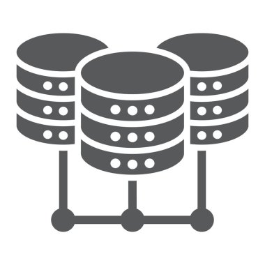 Veri merkezi glif simgesi, verilere ve çözümlemelere, ağ hosting işareti, vektör grafikleri, beyaz bir arka planda eps 10 katı bir desen.