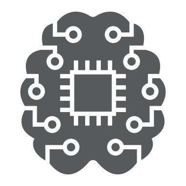 Makine düşünme glif simgesi, verilere ve çözümlemelere, çip işareti, vektör grafikleri, beyaz bir arka planda eps 10 katı bir desen beyin.