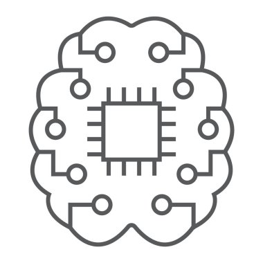 Makine düşünme ince çizgi simgesi, verilere ve çözümlemelere, çip işareti, vektör grafikleri, Doğrusal model beyaz bir arka planda eps 10 beyin.