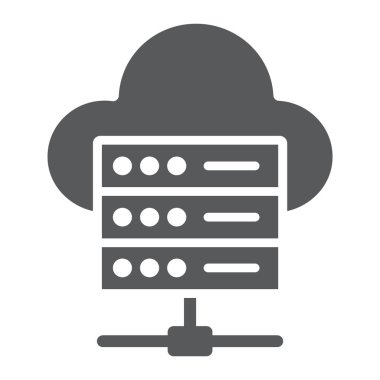 Web barındırma glif simgesi, veri ve analitik veri işareti, vektör grafikleri, beyaz bir arka planda eps 10 katı bir desen bulut,.