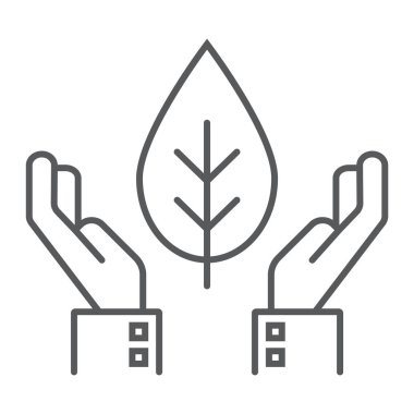 Bitki ince çizgi simgesi, ekoloji ve enerji, bitki koruma işareti, vektör grafikleri, Doğrusal model beyaz bir arka plan üzerinde eps 10 holding eller.