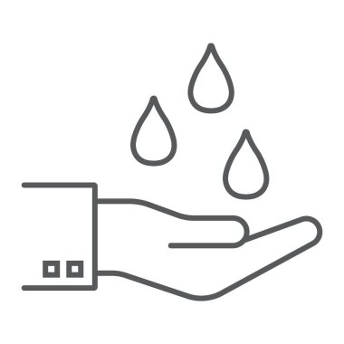 Su damlaları elinde ince satırı simgesi, ekoloji ve su, purfied su tasarrufu işareti, vektör grafikleri, Doğrusal model beyaz bir arka planda eps 10.