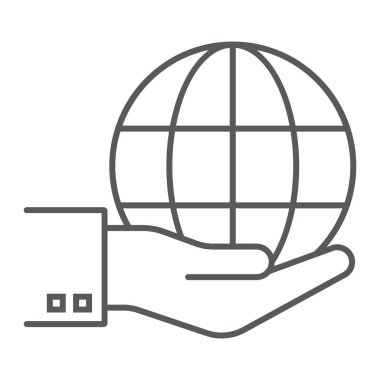 Dünya el ince çizgi simgesi, ekoloji ve enerji tasarrufu gezegen işareti, vektör grafikleri, Doğrusal model beyaz bir arka planda eps 10.