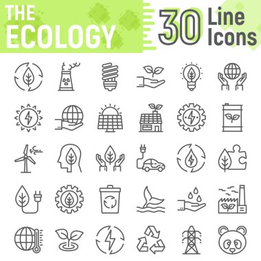 Ekoloji satır Icon set, yeşil enerji semboller koleksiyonu, vektör çizimler, logo illüstrasyonlar, web Eko işaretleri doğrusal sembollerin paketi beyaz arka plan üzerinde eps 10 izole.