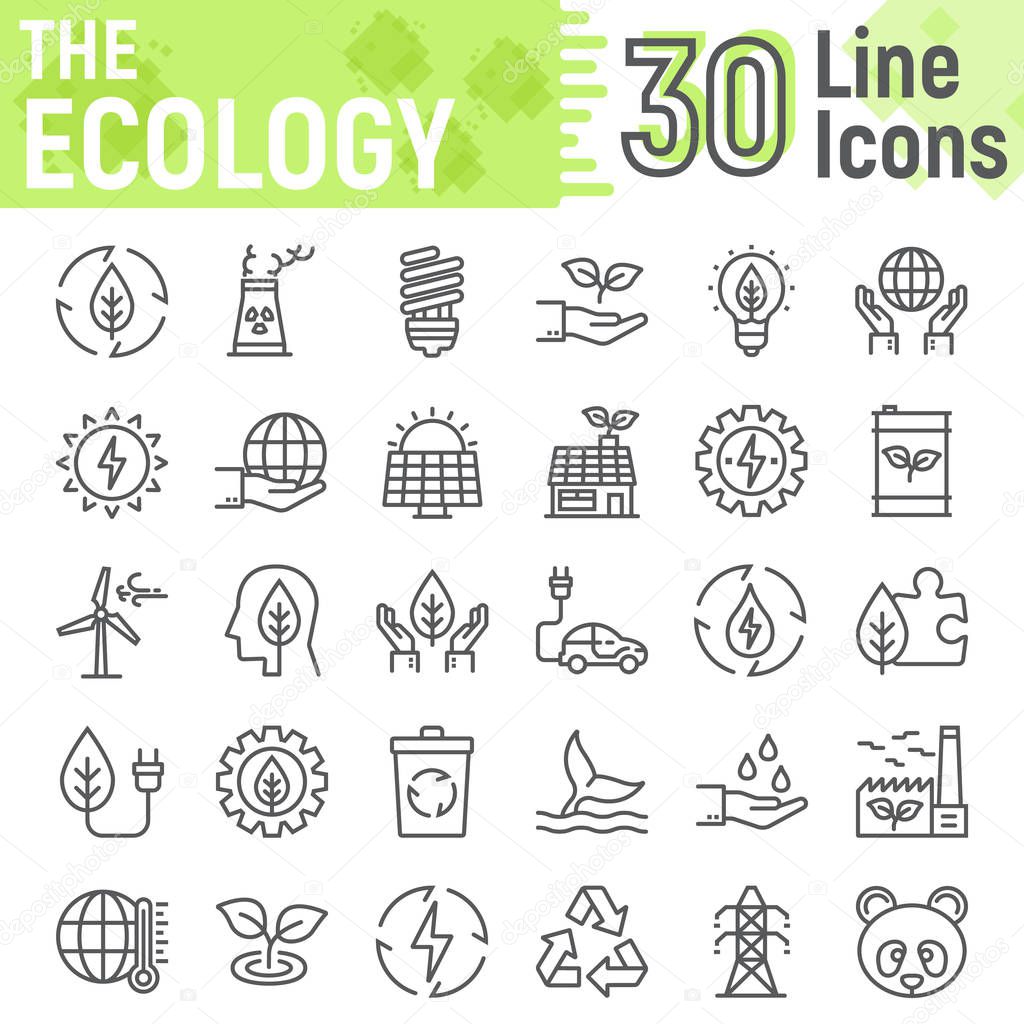 Ecology line icon set, green energy symbols collection, vector sketches, logo illustrations, web eco signs linear pictograms package isolated on white background, eps 10.