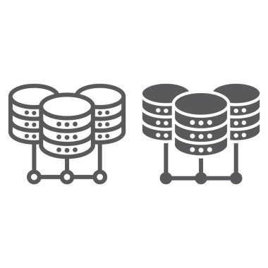 Veri merkezi hattı ve glif simgesi, verilere ve çözümlemelere, ağ hosting işareti, vektör grafikleri, Doğrusal model beyaz bir arka planda eps 10.