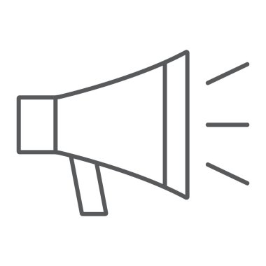 Loudspeacker ince bir çizgi simgesi, kişi bize ve vektör grafikleri, Doğrusal model beyaz bir arka planda eps 10 megafon, megafon işareti,.