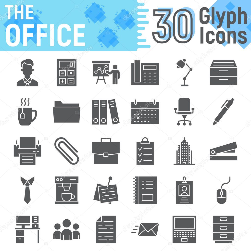 Office glyph icon set, business symbols collection, vector sketches, logo illustrations, work signs solid pictograms package isolated on white background, eps 10.
