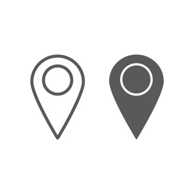 Konumu satır ve glif simgesi, bize ulaşın ve toplu iğne, işaretçi işaret, vektör grafikleri, Doğrusal model beyaz bir arka planda eps 10 harita.