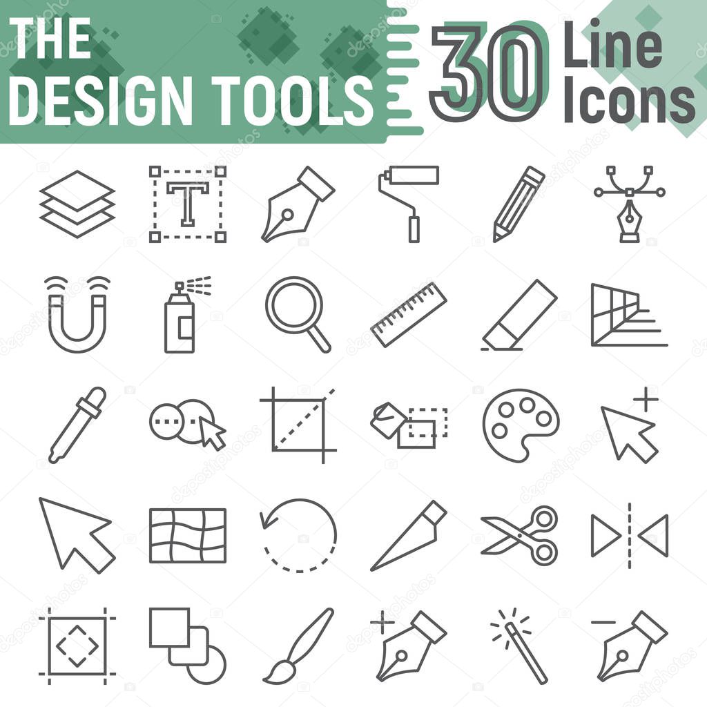 Design tools line icon set, graphic design symbols collection, vector sketches, logo illustrations, soft signs linear pictograms package isolated on white background, eps 10.
