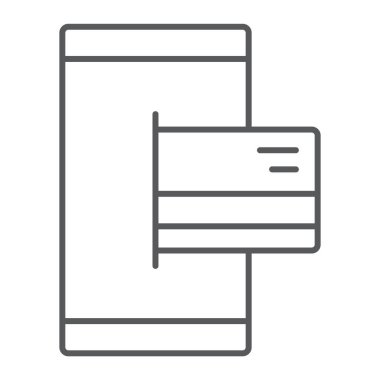 Mobil Bankacılık ince çizgi simgesi, finans ve bankacılık, ödeme işareti, vektör grafikleri, Doğrusal model beyaz bir arka planda eps 10.