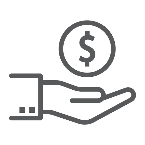 Mão segurando ícone de linha de moeda, finanças e bancos, sinal de mão, gráficos vetoriais, um padrão linear em um fundo branco, eps 10 . —  Vetores de Stock