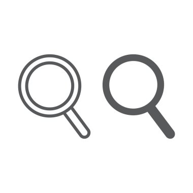 Zoom çizgi ve glif simgesi, araçları ve vektör grafikleri, beyaz bir arka planda eps 10 doğrusal bir desen tasarımı, Büyüteç'i işaret,.